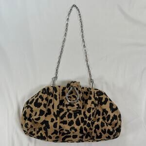 Nine West Leopard Print Faux Suede Pouch Clutch Bag Tan Black Chain Strap